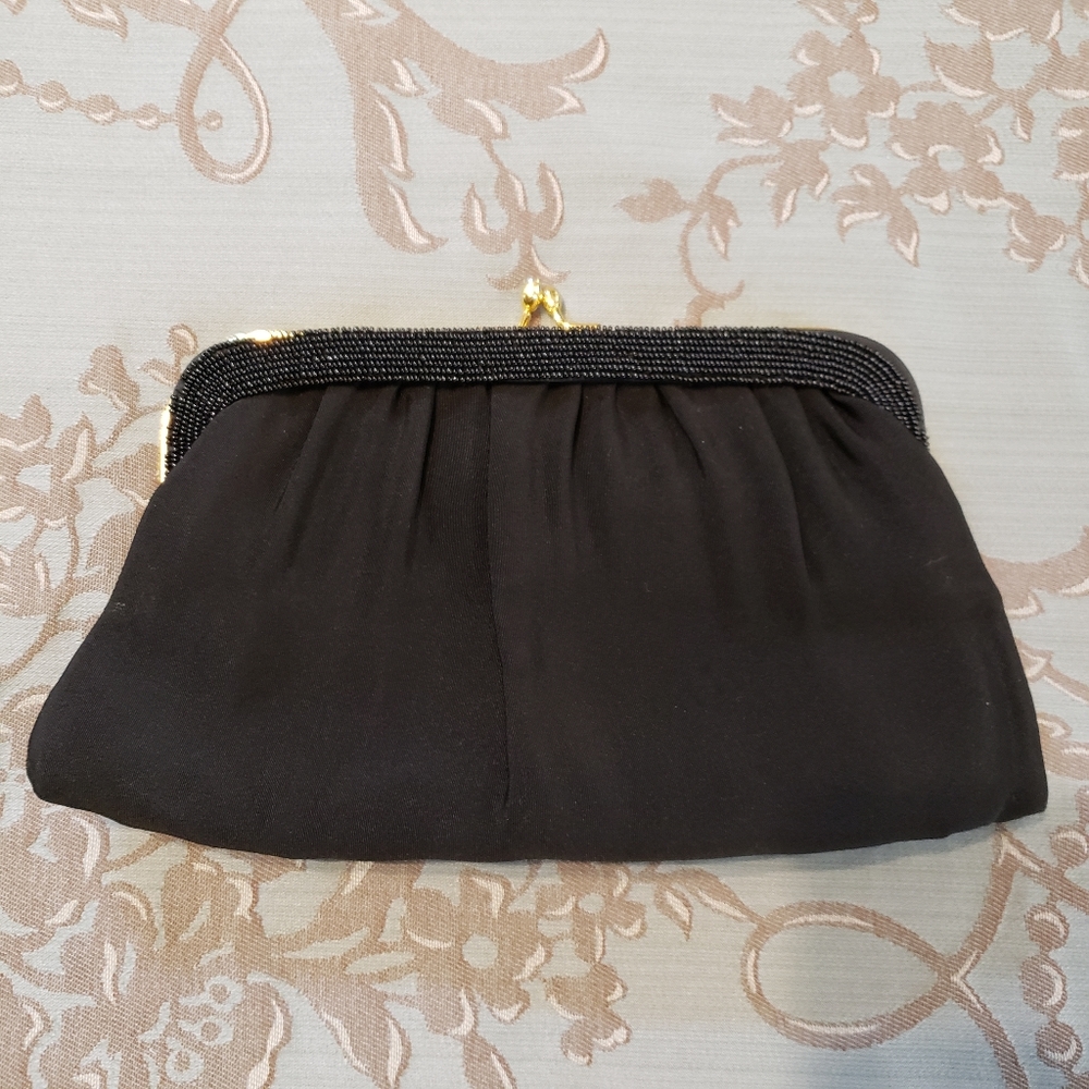 Vintage Garay Black Clutch Purse With Gold Hardware And Black Beaded Trim